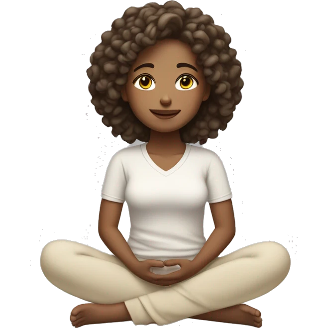 girl with light brown skin and dark loose curly hair wearing cream exercise clothes sitting cross legged meditating with closed eyes 😌 emoji