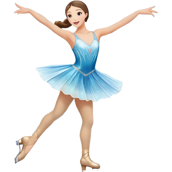 An icon featuring a graceful figure skater performing a spin on the ice. The background includes a grand ice rink palace with shining spotlights and cheering spectators in the stands. Transparent background highlights the elegance and artistry of figure skating emoji