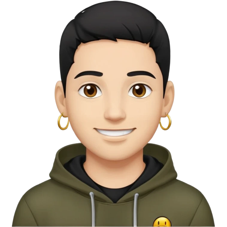 man with smiley face, black hair military cut, brown eyes, wearing 2 circle earrings and a black hoodie emoji