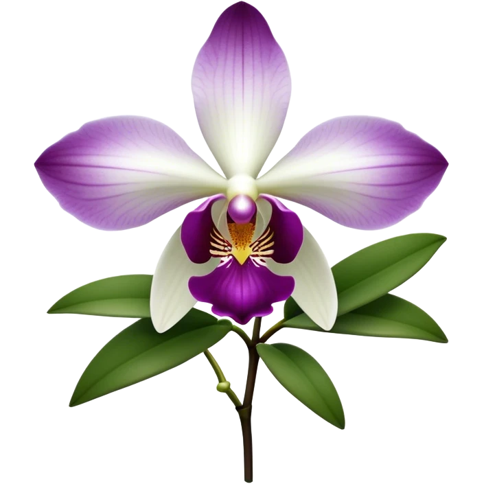 Cinematic Realistic Orchid Emoji, Exotic and elegant, with intricate, velvety petals in deep purple and white, forming a delicate and symmetrical blossom. The slender green stem holds the flower high, while surrounding leaves add lush contrast. Soft glowing outline, capturing the essence of rare beauty and sophistication in a captivating orchid. emoji