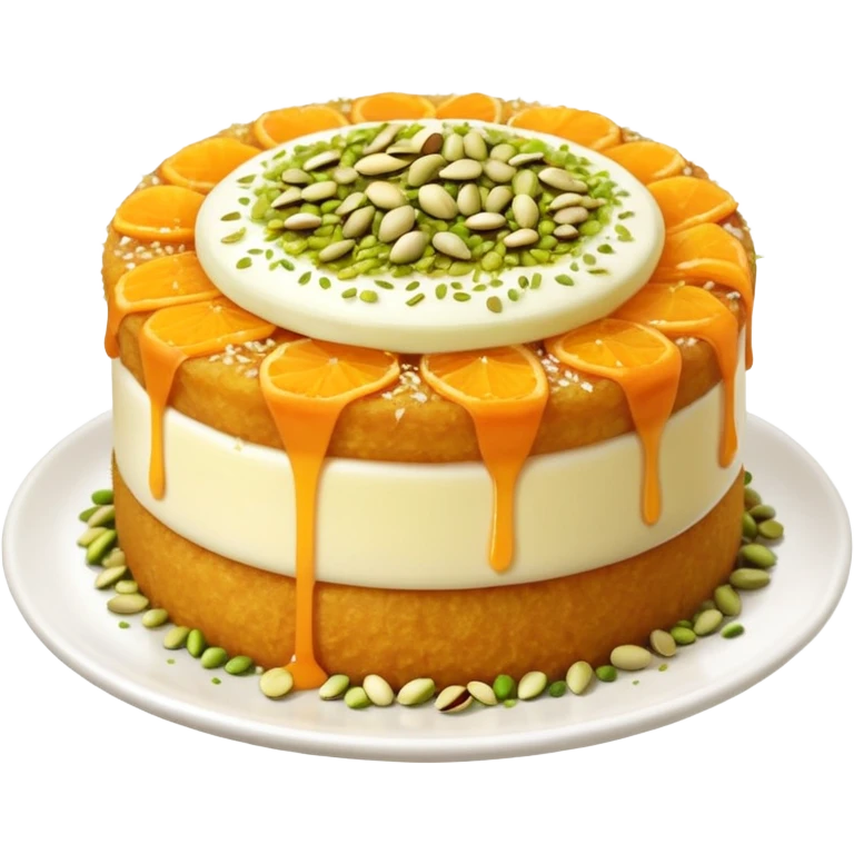 A small round emoji of traditional kanafeh with golden-orange crispy threads, a gooey white cheese center, and a light sprinkle of green pistachios. Warm and delicious-looking. emoji