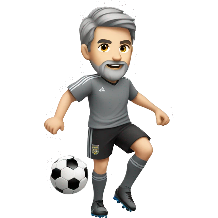 white boy in gray soccer uniform and black shorts with gray beard  and hair kicking a soccer ball emoji