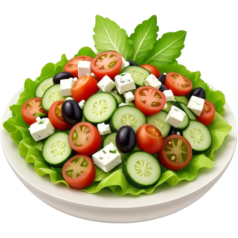 Cinematic Realistic Greek Salad Dish Emoji, depicted with crisp lettuce, tomatoes, cucumbers, olives, and feta cheese rendered with vibrant textures and fresh, natural lighting. emoji