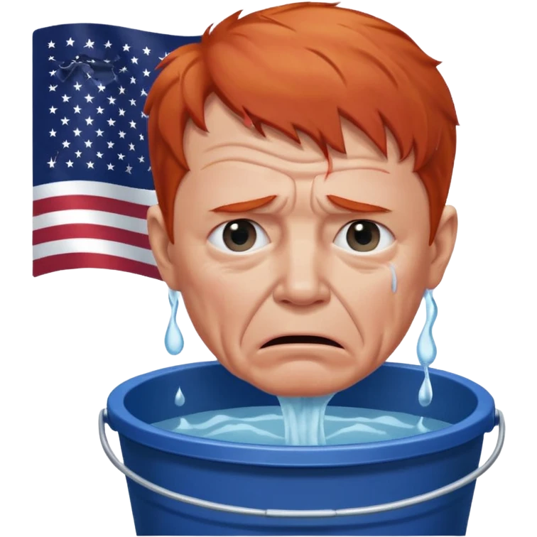 short red haired older man crying into bucket with USA flag on it emoji