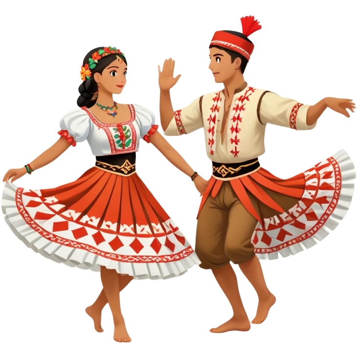 Cinematic Realistic scene of two performers engaging in the Croatian Linđo folk dance, adorned in vibrant traditional costumes with intricate patterns and accessories, captured in graceful, synchronized motion under festive natural lighting. emoji
