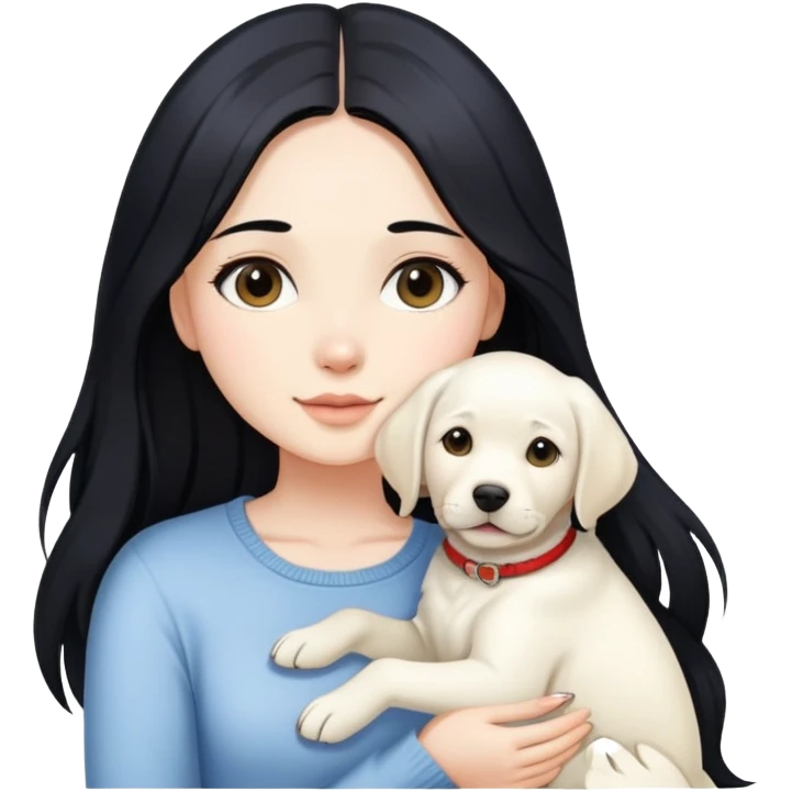 A beautiful girl with long black hair and fair skin is holding a white Labrador emoji