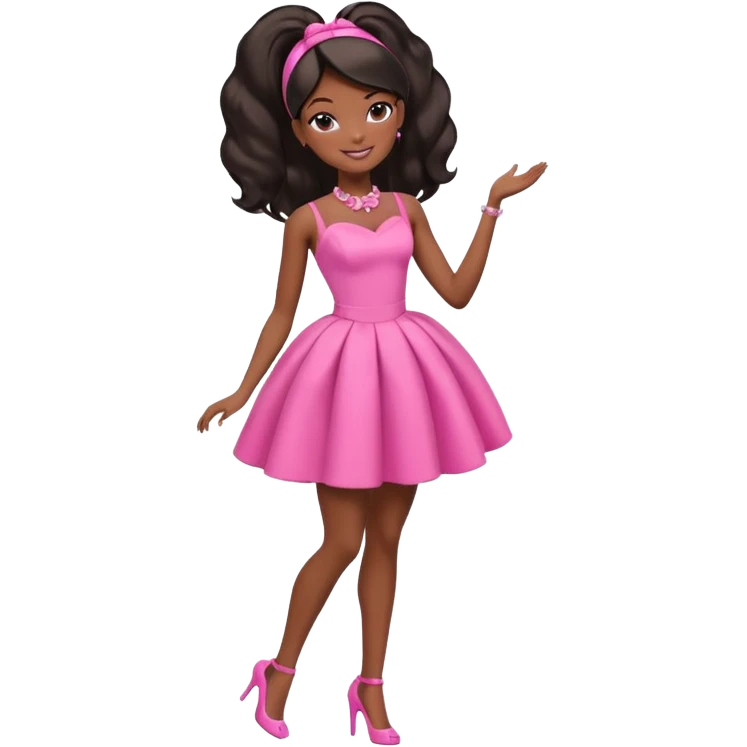 black barbie. typical barbie ponytail, pink dress, super pretty, full body, the only pink is her dress emoji