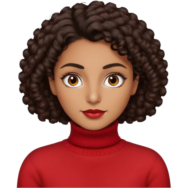 30 yr iranian woman dark brown hair curly wavy short hair, red turtle neck sweater, very thick eyebrows emoji