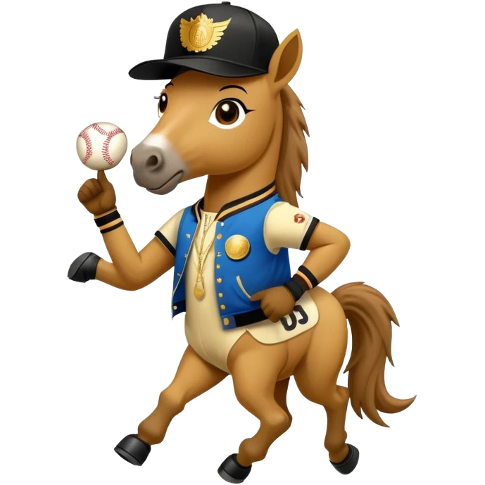 friendly anthropomorphised horse in RUN DMC style outfit, gold medal, baseball hat emoji