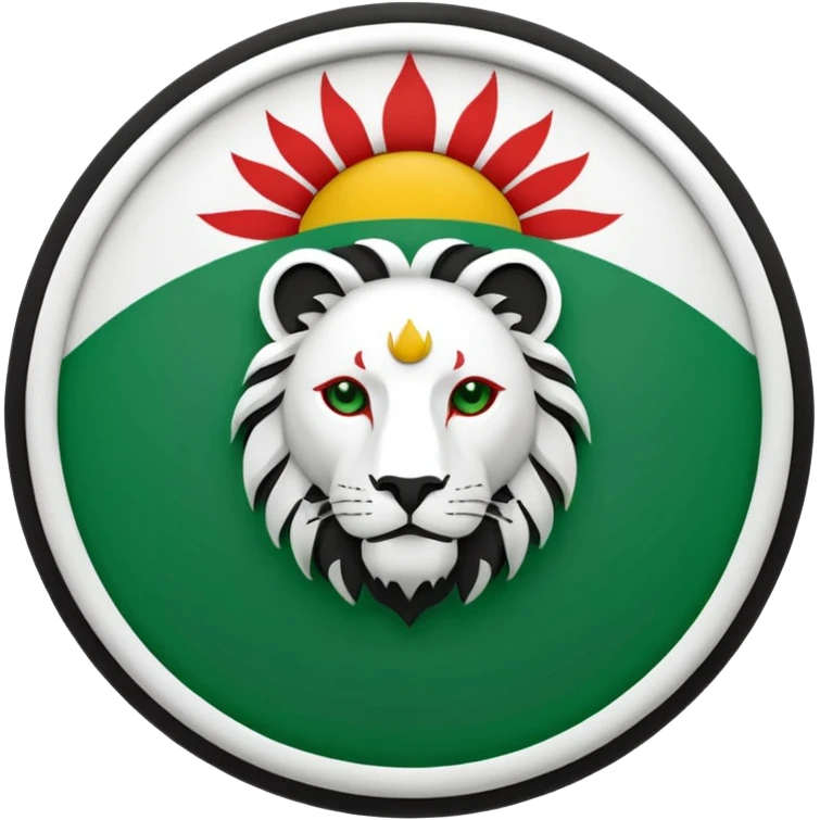 Minimalist black and white emblem emoji, inspired by the Faravahar symbol. Centered Lion and Sun emblem of Iran colored in green, white, and red like the Iranian flag. Circular design, clean simple lines, suitable for small size emoji