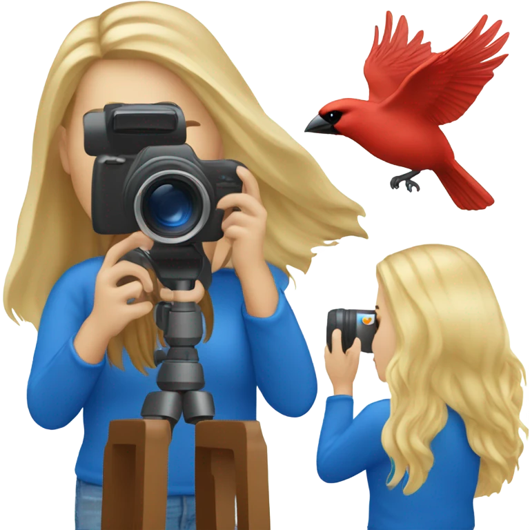 Long hair blonde girl with camera taking pictures of cardinals and blue jays emoji