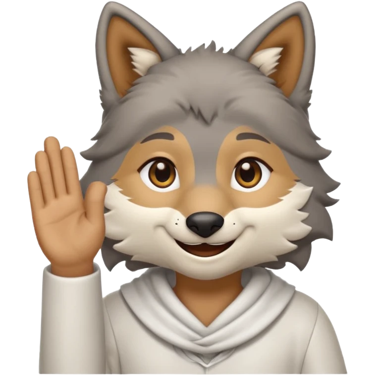 gray wolf furry with brown eyes, white dishdasha, smiling, right hand showing, emoji style icon emoji