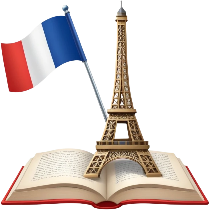 An icon featuring the Eiffel Tower and the flag of France, symbolizing the French language. The design includes an open book with French text, representing language learning and French culture. Transparent background highlights the elegance of the French-speaking world. emoji