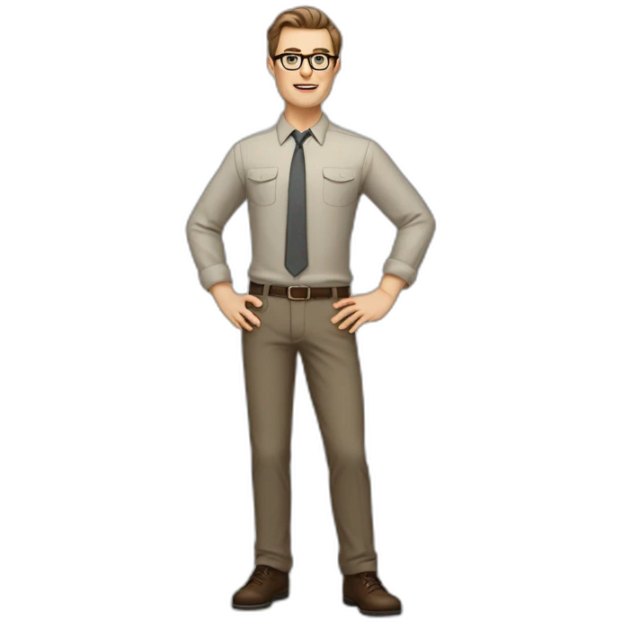 Full height Actively Gesturing Pale skinned fit man with dark brown hair in gray jacket, beige office shirt, brown tie, brown pants and vintage glasses. emoji