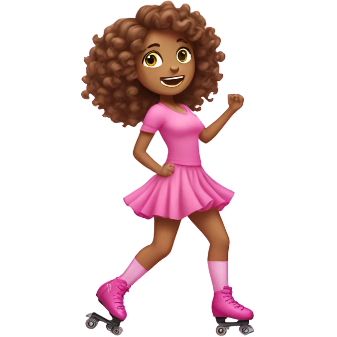 Girl with brown curly hair roller skating in pink  emoji