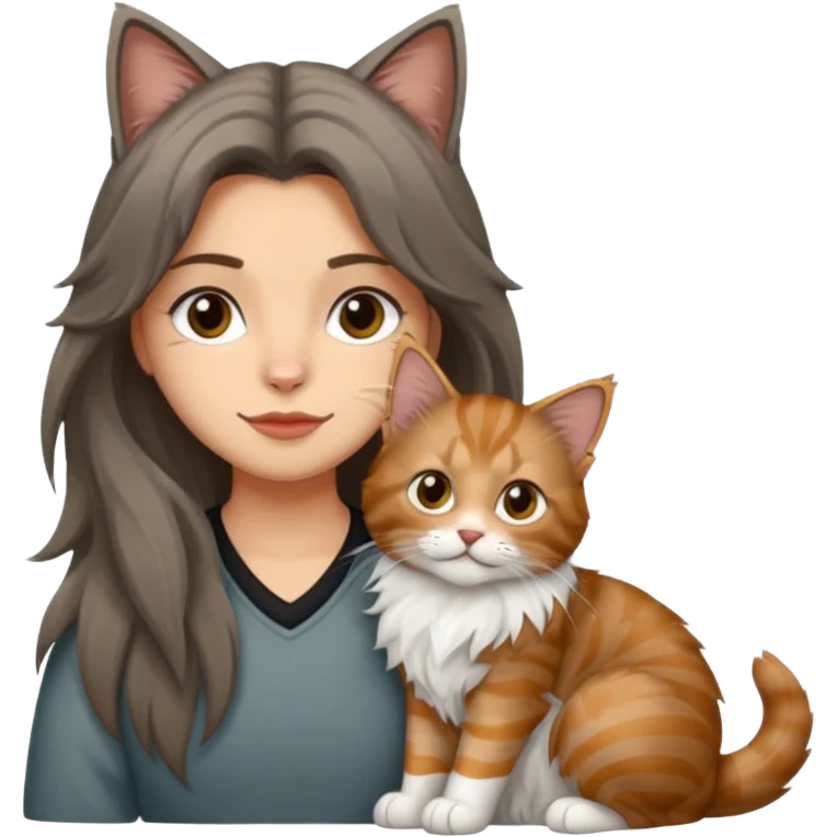 Emojis de una chica de pelo castaño largo sujetando un gatito gordo peludo mainecoon de colores gris negro y marrón  emoji