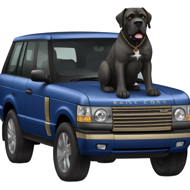 A Cane Corso driving a gold and blue Range Rover. emoji