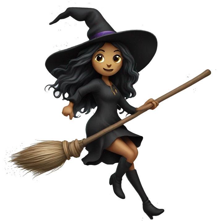dark long hair witch flying on a broom white skin emoji
