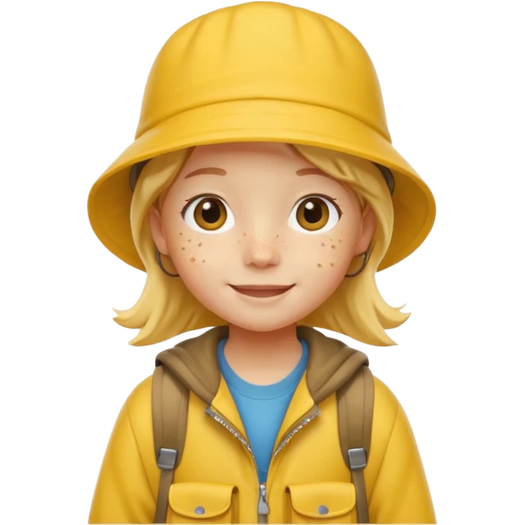 Little student wears yellow bucket hat and jacket, backpack, happy emoji