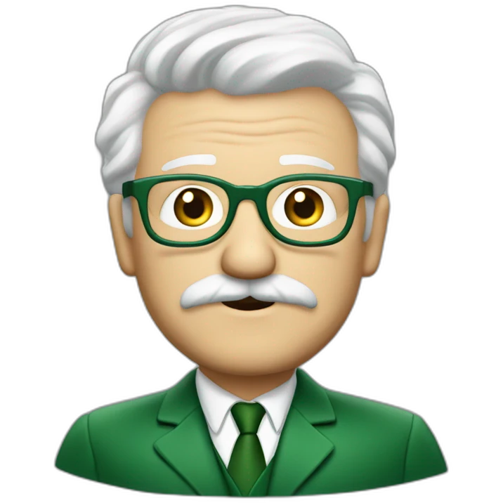 meester frank visser white hair, white mustache and glasses. Nice green suite emoji