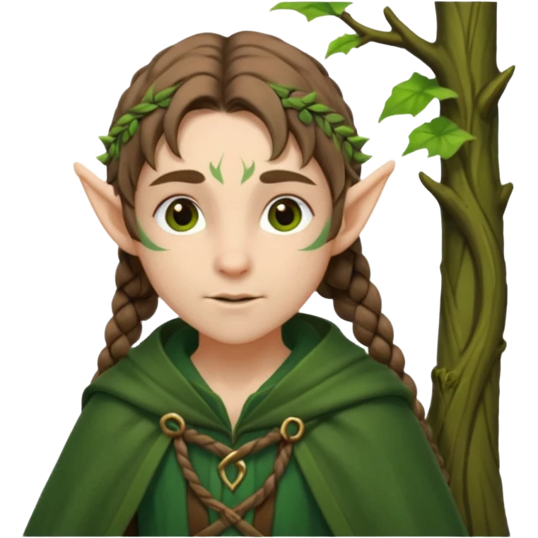 forest elf, brown braid, green cloak, gentle expression emoji