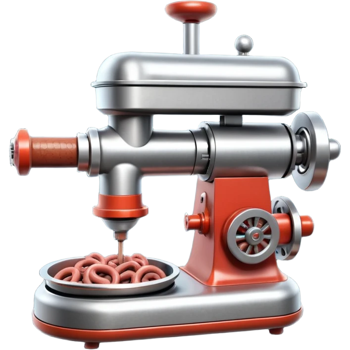 sausage-processing droid. retro-futuristic style. top is a circular industrial meat grinder with rotating gears and blades. Two robotic arms feed material into grinder. Sausage links extrude from the rear like  factory. The body is metallic, compact, and floats above the ground.no legs. Dark humor emoji