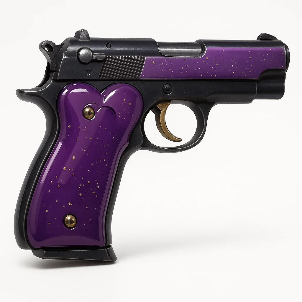 Refine the photorealistic purple heart pistol: increase the realism, add subtle metallic reflections, enhance the glossy finish, and improve the heart shape details, on a white background. Maintain photorealistic style with subtle metallic reflections and glossy finish. emoji