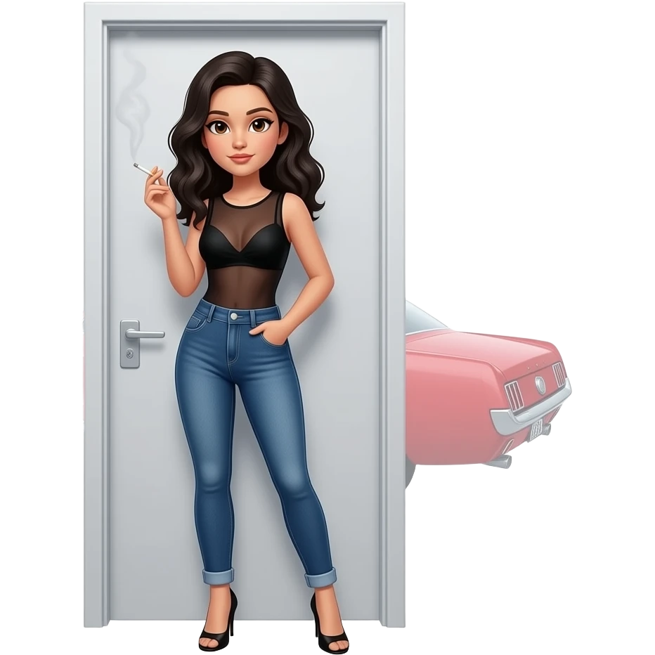 Pale girl with black wavy hair and brown eyes backed against the door of a red ford mustang 1968 coupe. Girl wearing a sheer black sleeveless top, low rounded neckline, jeans and heels with visible toes. smoking cigarette. emoji
