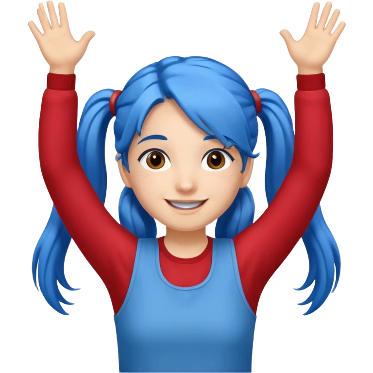 long blue hair girl in pig tails with brown eyes arms up celebrating emoji