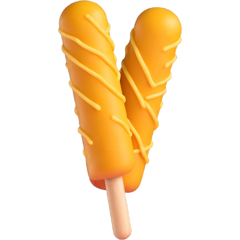 korean potato cheese corn dog, cheese stretching out, crunchy potato coating, wooden stick, playful, no text emoji