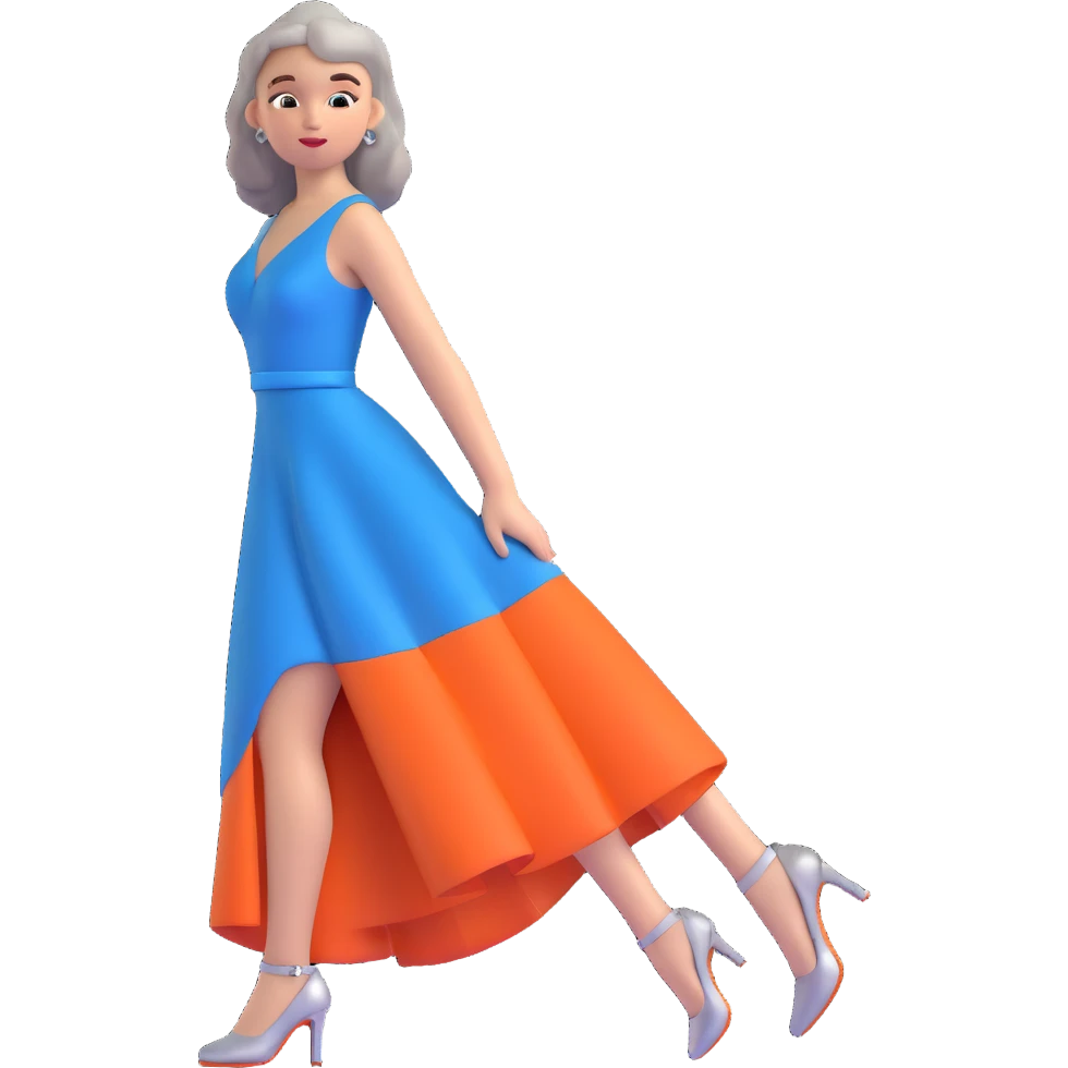 girl with big feet wearing silver heels and a big blue-grey prom dress emoji