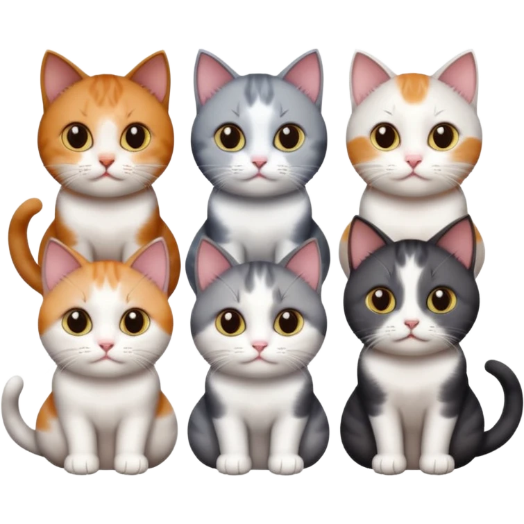 4 different coloured short haired cats including; a dark brown and white cat, and a dark grey and white, and a calico emoji
