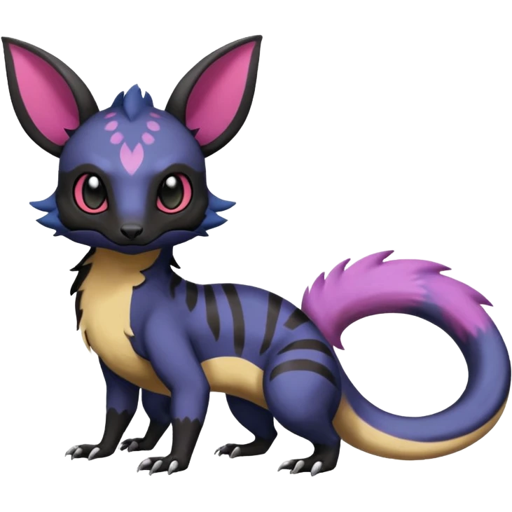 Rare epic aesthetic colorful Salandit-Noibat-Eevee-Civet-species-Fakemon-hybrid-creature, with markings, full body emoji