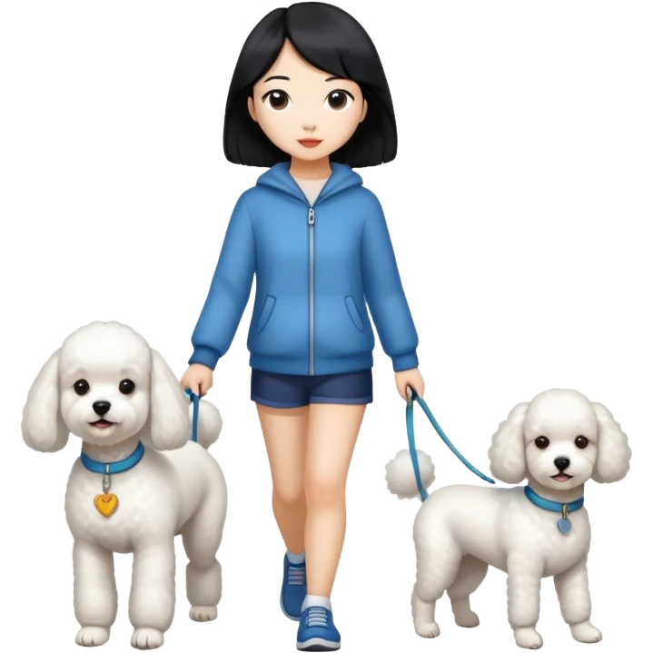 white dog (one poodle) walking with owner (Asian girl with straight black hair) emoji