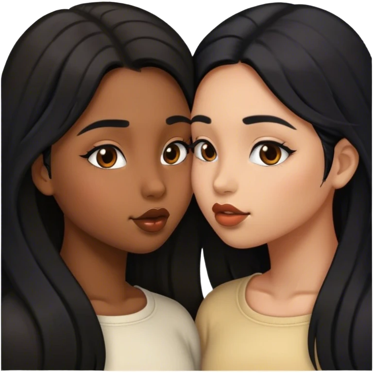 two girls kissing one with brown skin and black hair and one with light brown skin and black long hair  emoji