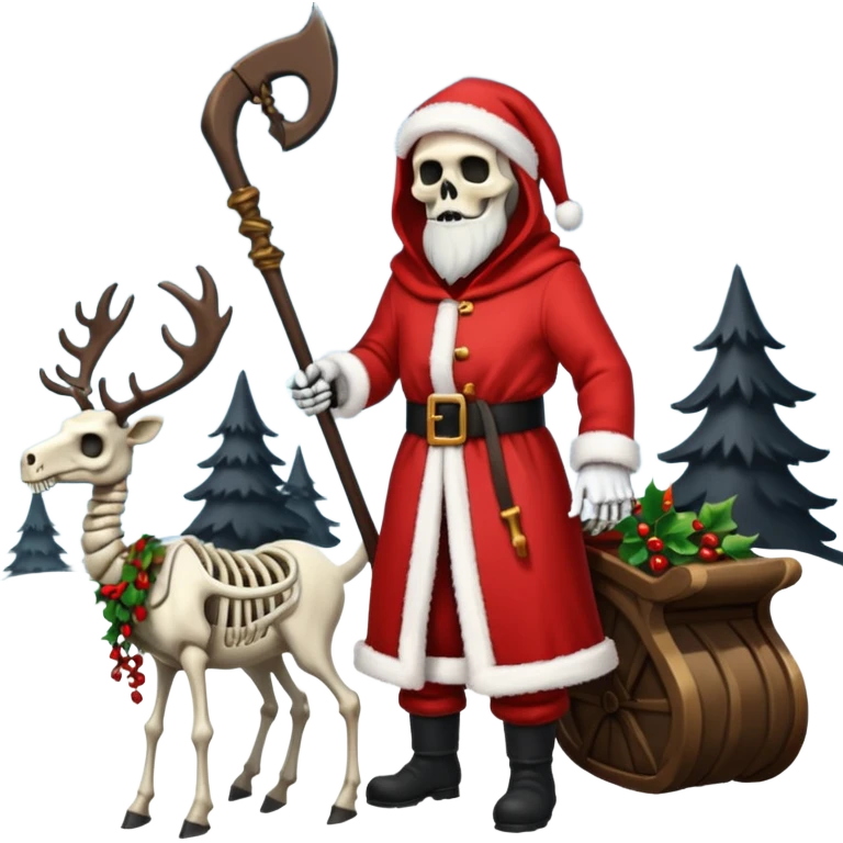 the Grim reaper dressed as Santa.... What gifts would be in his Sleigh.... What would his Sleigh likely look like.... Would the reindeer be skeletons, or ordinary reindeer emoji