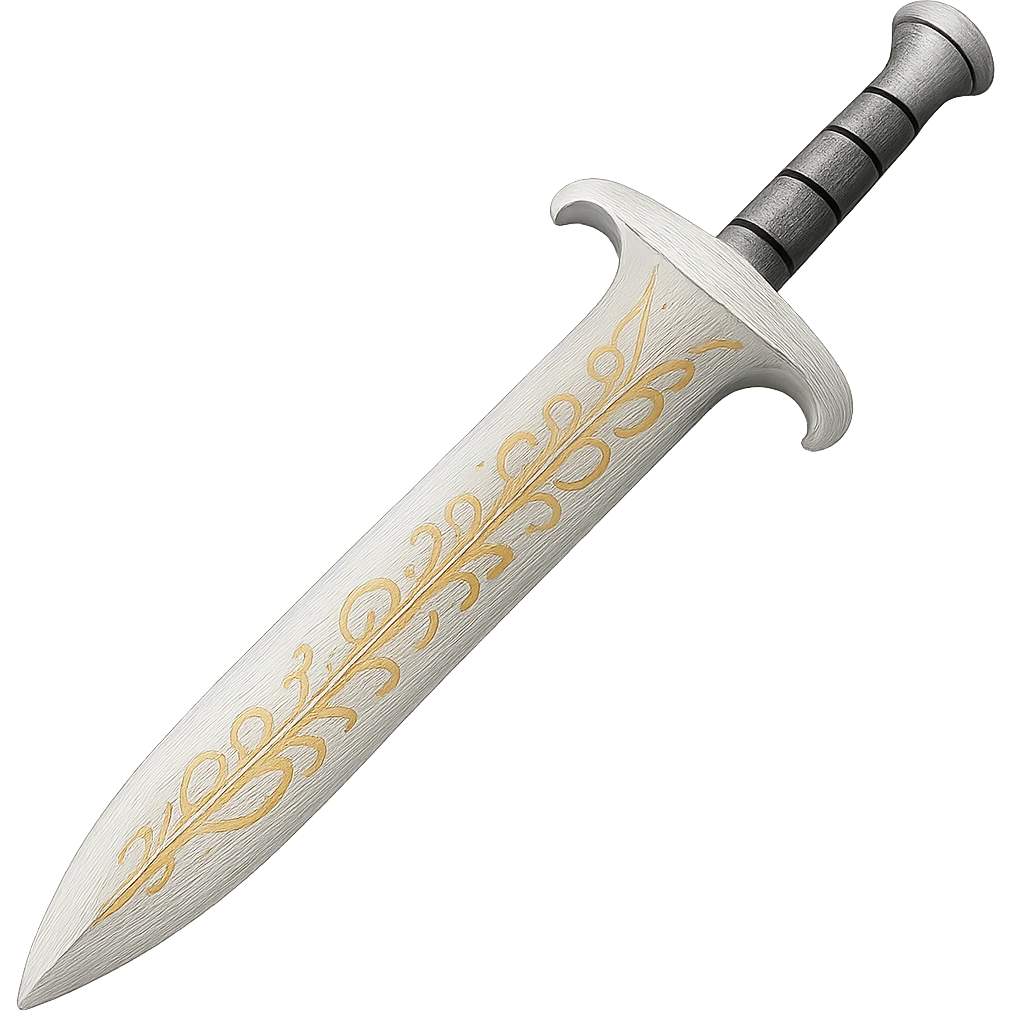 Recolor the sword to a very light metallic silver color with subtle, elegant gold engravings. The gold tone and style should match the provided silver shield reference, with a soft gold that is not too yellow or green. Transparent background. emoji