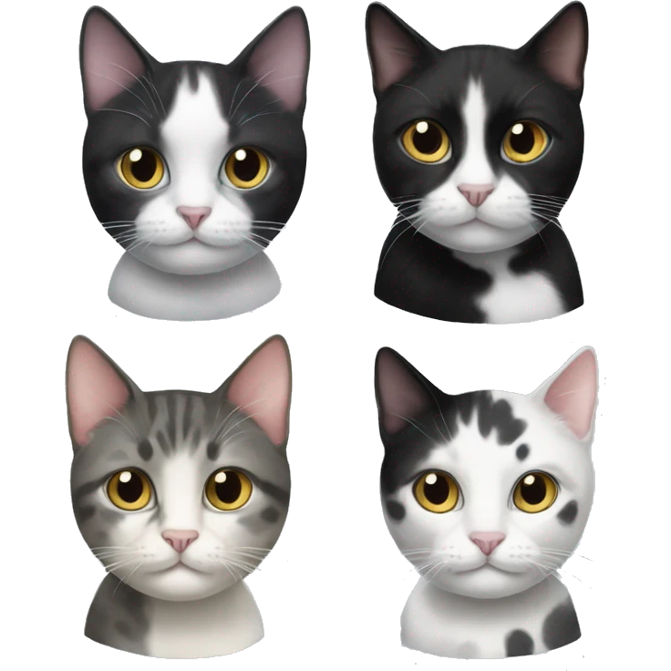 One tuxedo cat, one black cat and one gray and white spotted cat  emoji