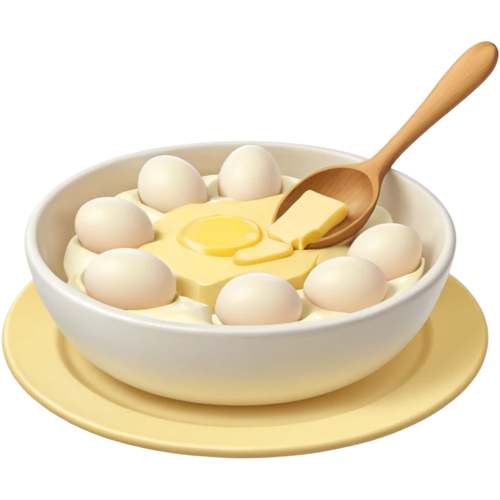 a dozen eggs, a ceramic mixing bowl with a wooden spoon and a plate of butter emoji
