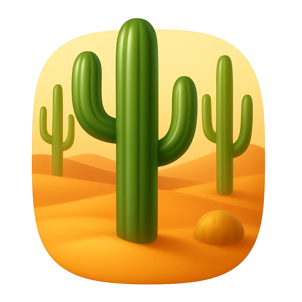 Create a desert emoji inspired by the reference image in iOS emoji style. Keep the same cacti, sand, and colors with a smooth and shiny appearance. The shape should have rounded or freeform edges, not confined to a square. emoji