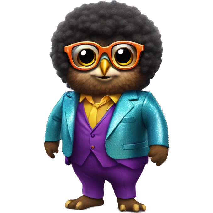 A chubby A brown owl with a black Afro and groovy glasses and a colorful disco suit doing a disco pose emoji