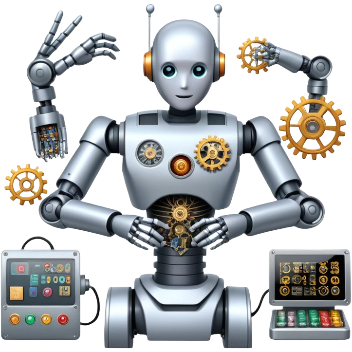 An icon featuring a humanoid robot assembling parts with robotic arms, surrounded by gears, circuit boards, and sensors, symbolizing robotics. The design includes a control panel and AI interface, representing automation, engineering, and innovation. Transparent background. emoji