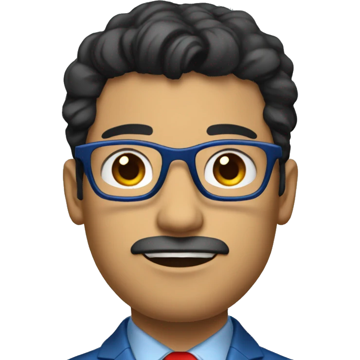Latin man in blue suit and red tie, black eyes with metallic glasses, black hair, showing hands emoji