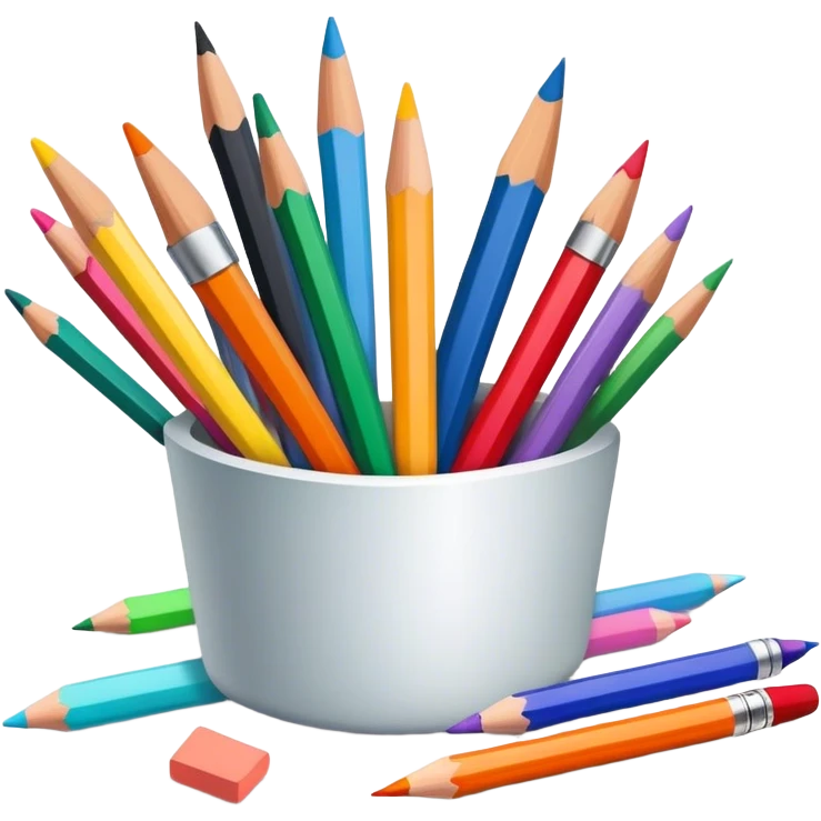 Drawing tools, colored pencils, brushes, markers, pastels, sketching, artistic tools scattered, vibrant colors, clean lines, minimalistic, on a white background, no extra details. emoji