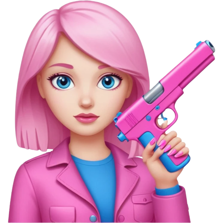 White Girl hand pink nails holding pink gun with blue eyes emoji