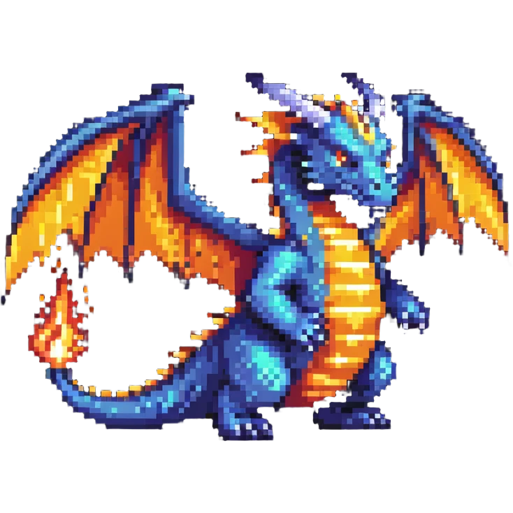 A retro-style dragon with wings and flame breath emoji
