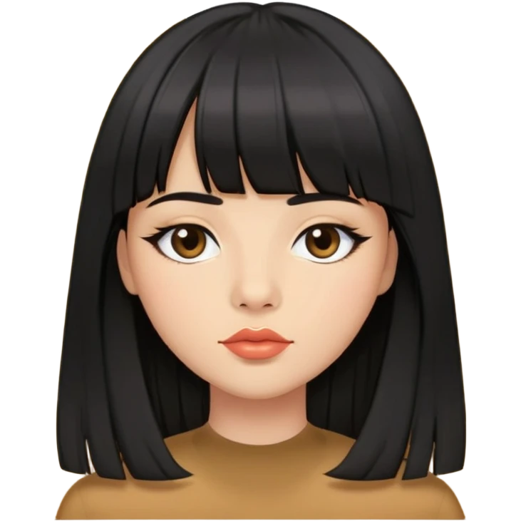 Black long straight hair, double eyelids hair, curtain bangs, plump lips, medium eyebrows, button nose emoji