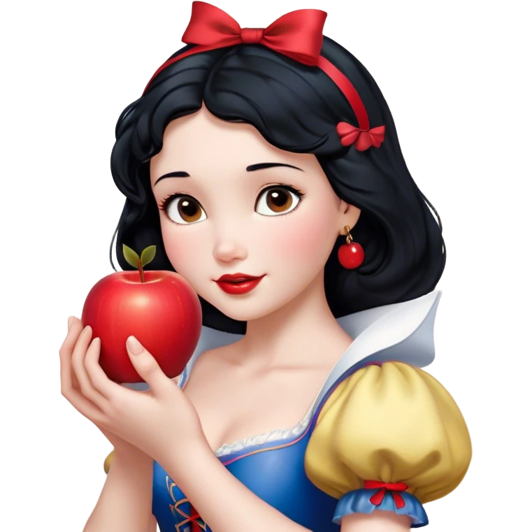 Cinematic Realistic Snow White Portrait, depicted with lifelike skin texture, soft natural lighting, and intricately detailed black hair styled with a red ribbon. Her soft brown eyes radiate innocence and kindness, complemented by a warm, gentle smile. She holds an apple in one hand, her other hand resting against her cheek, embodying her purity and charm. She is dressed in her classic yellow, blue, and red gown, the fabric rich in texture with delicate folds that catch the light beautifully. The portrait features a soft, natural glow with a radiant finish, capturing the essence of timeless beauty in a realistic and painterly style. emoji