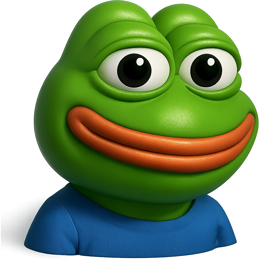 make a pepe in bright green smiling and looking straight at the camera in 3d style, good highlights and shadows, drop shadows emoji