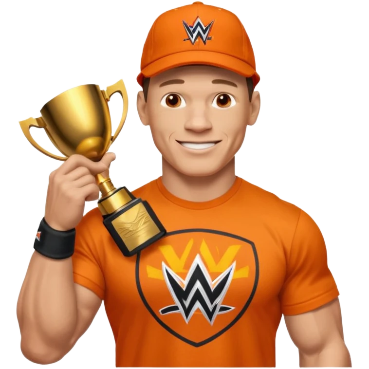 John Cena in orange cap and tshirt with wwe championship emoji